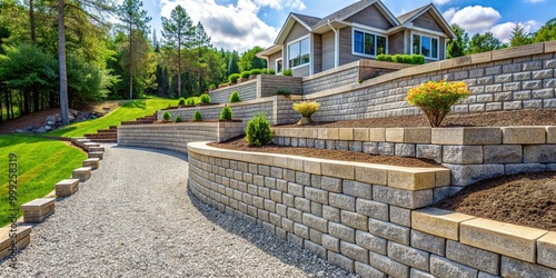 A newly constructed retaining wall with interlocking stone blocks and carefully arranged gravel backfill, installed to stabilize a sloping residential backyard landscape. photo