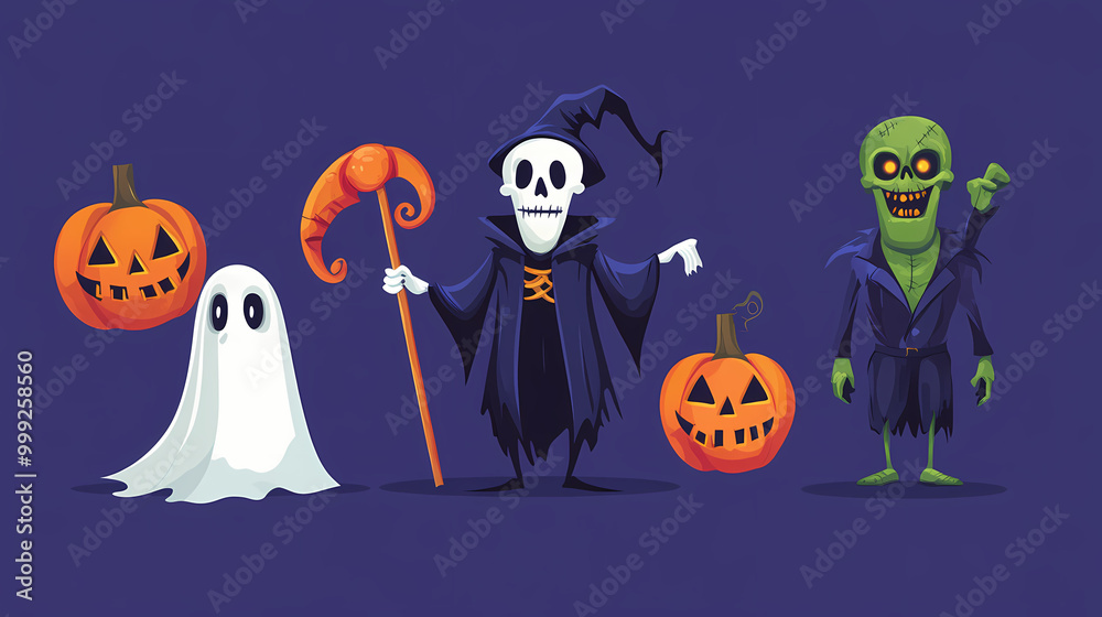Halloween characters horror vector set design. Halloween character like grim reaper, ghost, pumpkin and Frankenstein. Halloween characters horror vector set design. Halloween character like grim reaper, ghost, pumpkin and Frankenstein.