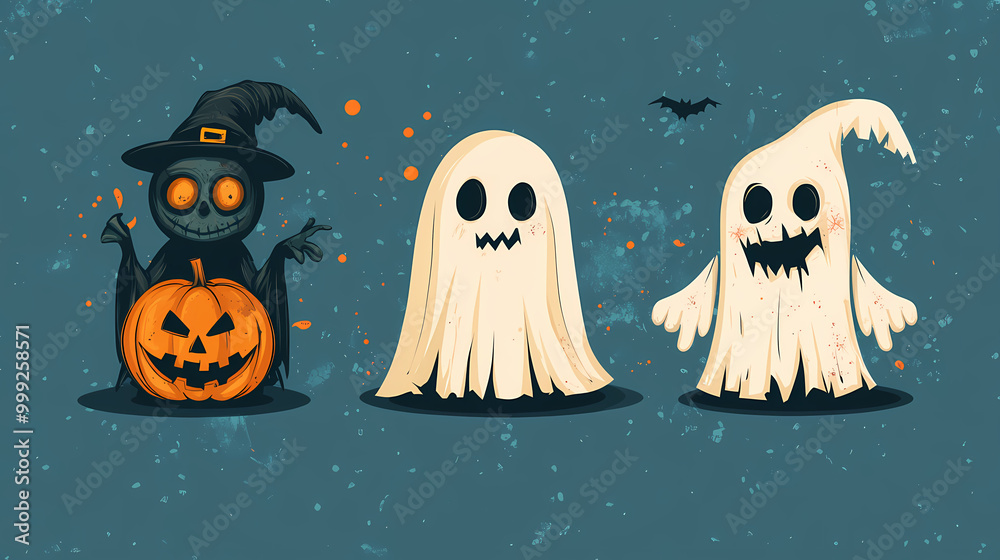 Halloween characters horror vector set design. Halloween character like grim reaper, ghost, pumpkin and Frankenstein.