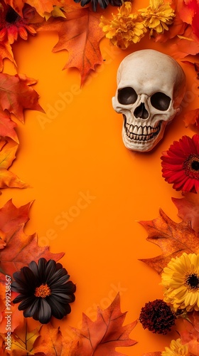 Happy halloween flat lay mockup with autumn flowers, leaves and skull on orange background. Fall holiday concept composition. Top view with copy space