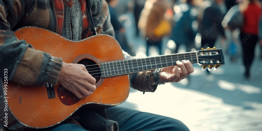 Fototapeta premium a street performers hands playing a guitar, with a lively downtown crowd gathered around