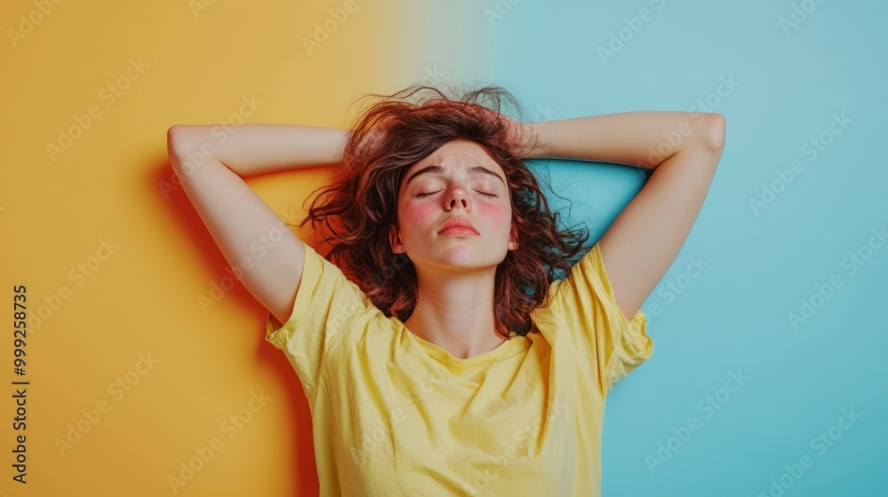 Exhausted Woman Resting with Vibrant Backdrop Exhausted Woman Resting with Vibrant Backdrop