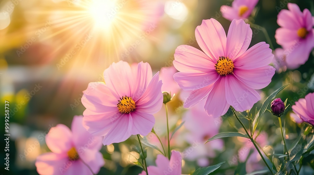 Fototapeta premium Pink cosmos flowers blooming in the garden under sunlight 