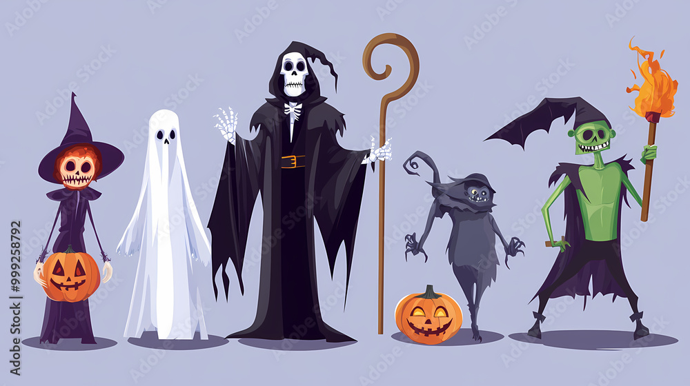 Obraz premium Halloween characters horror vector set design. Halloween character like grim reaper, ghost, pumpkin and Frankenstein.