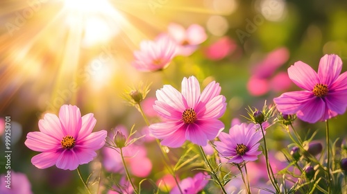 Pink cosmos flowers blooming in the garden under sunlight 