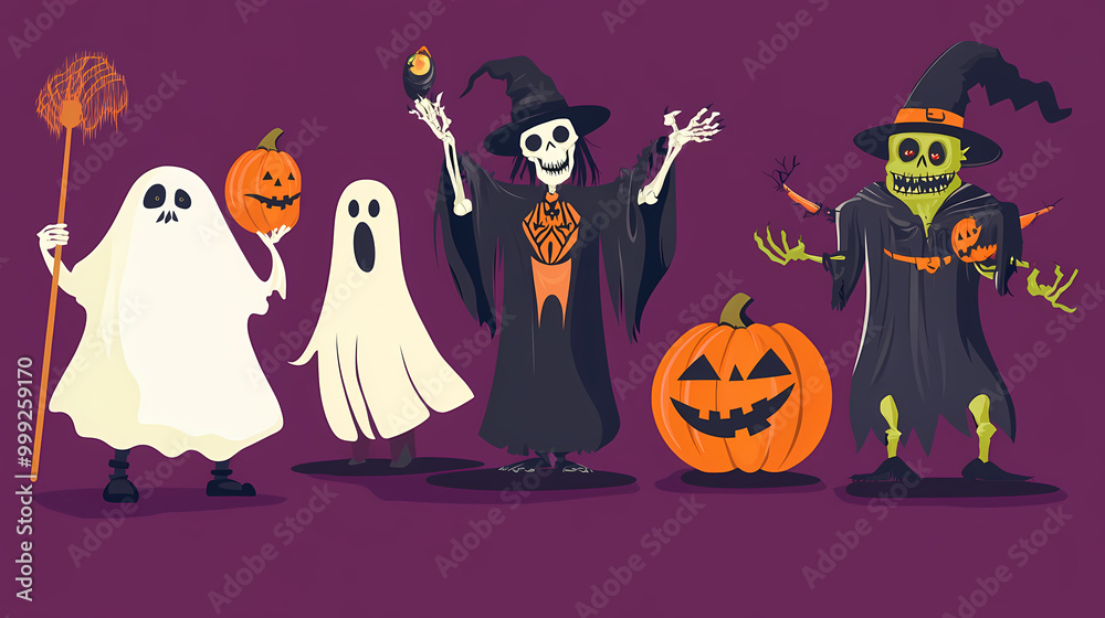 Halloween characters horror vector set design. Halloween character like grim reaper, ghost, pumpkin and Frankenstein.