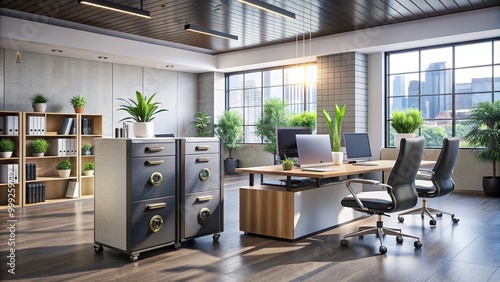 A sleek, modern office workspace with a large safe in the corner, surrounded by tidy desks, ergonomic chairs, and plenty of natural light. photo