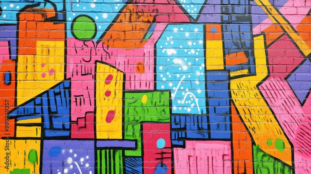 Obraz premium Urban street art graffiti in vivid colors, painted on a textured brick wall, showcasing bold pop art shapes and city designs