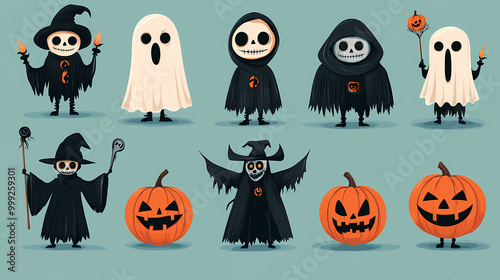 Halloween characters horror vector set design. Halloween character like grim reaper, ghost, pumpkin and Frankenstein.