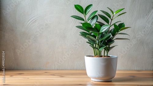 A slender, upright zamiokulcas plant with shiny, dark green, oval-shaped leaves grows in a modern, white ceramic pot on a minimalist wooden table.