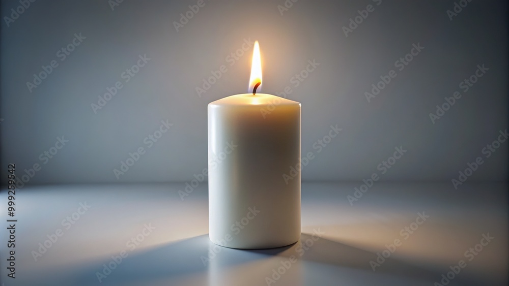 A solitary, pure white candle standing upright on a blank background, its gentle flame casting a warm, serene ambiance, evoking feelings of peace and contemplation. A solitary, pure white candle standing upright on a blank background, its gentle flame casting a warm, serene ambiance, evoking feelings of peace and contemplation.
