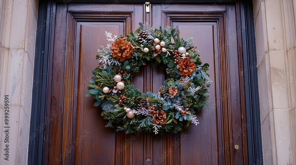 Elegant wreath on a door for a special occasion, featuring sophisticated decor.