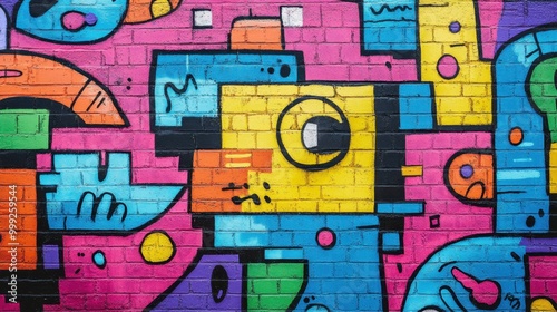 Urban street art graffiti in vivid colors, painted on a textured brick wall, showcasing bold pop art shapes and city designs