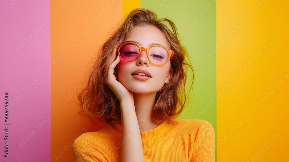 Captivating Portrait of a Vibrant and Fashionable Woman in Colorful Backdrop