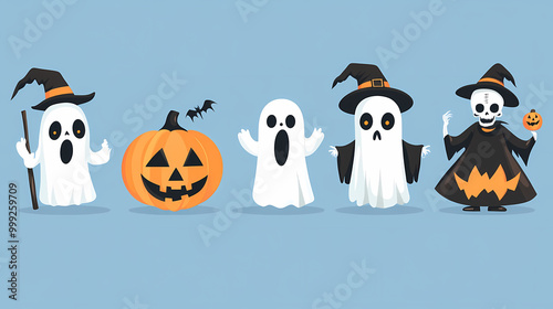 Halloween characters horror vector set design. Halloween character like grim reaper, ghost, pumpkin and Frankenstein.