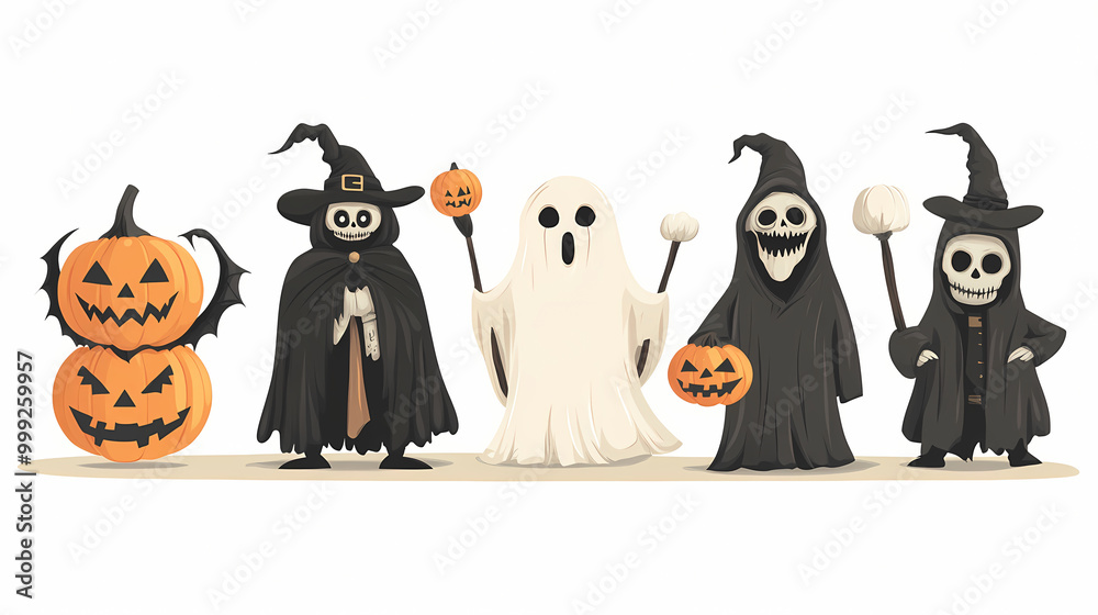 Halloween characters horror vector set design. Halloween character like grim reaper, ghost, pumpkin and Frankenstein. Halloween characters horror vector set design. Halloween character like grim reaper, ghost, pumpkin and Frankenstein.