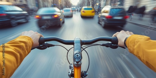 Handlebar of a bicycle tightly gripped as the rider navigates through heavy traffic, with cars and pedestrians blurred