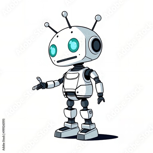 cartoon robot with blue eyes pointing to something.