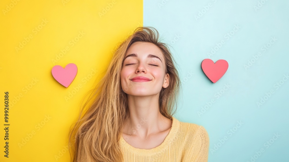Happy and Confident Woman Smiling with Hearts on Colorful Background Happy and Confident Woman Smiling with Hearts on Colorful Background