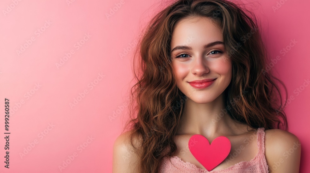 Cheerful Young Woman Holding Heart-Shaped Symbol with Joyful Smile Cheerful Young Woman Holding Heart-Shaped Symbol with Joyful Smile