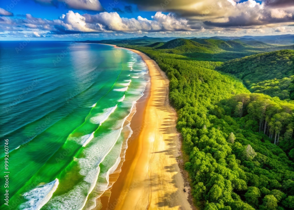Obraz premium emerald forest, and golden sandy beach, with a vast horizon that stretches into the infinite distance.