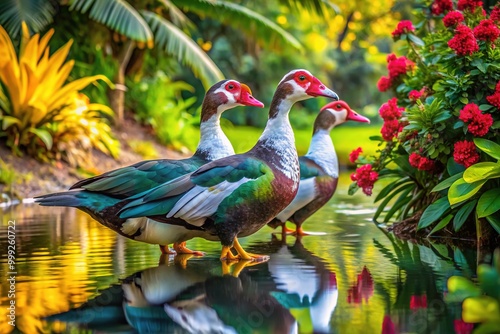 A trio of Muscovy ducks, iridescent feathers glistening, waddle along a serene lake's edge, surrounded by lush greenery and vibrant tropical flowers. photo