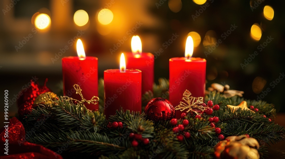 Traditional Advent wreath with four candles, representing the four weeks of Advent. Traditional Advent wreath with four candles, representing the four weeks of Advent.
