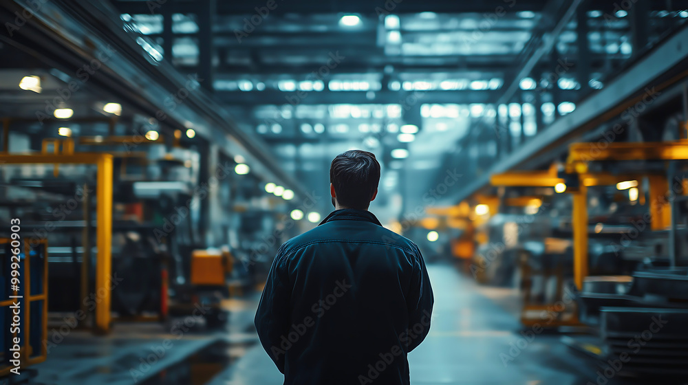 Back view of engineer assessing quality control in a production line with digital equipment and clear focus on every detail in a large factory setting
