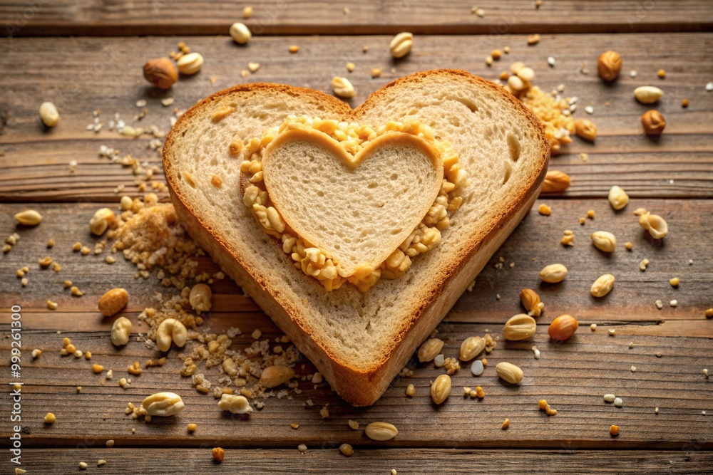 A whimsical heart-shaped sandwich cutout filled with creamy peanut butter, placed on a rustic wooden table, surrounded by scattered bread crumbs and freshness. A whimsical heart-shaped sandwich cutout filled with creamy peanut butter, placed on a rustic wooden table, surrounded by scattered bread crumbs and freshness.