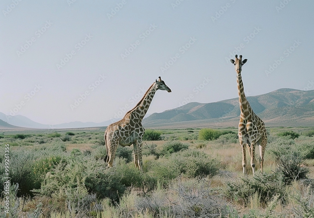 Two Giraffes in African Savannah with Mountain Backdrop