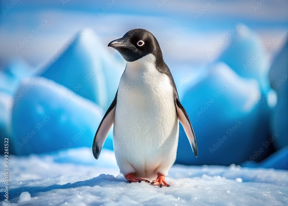 Fototapeta premium Adorable Adelie penguin waddles on snow-covered Antarctic landscape, its distinctive white eye patches and feathers glistening in the bright, icy blue light of the polar region.