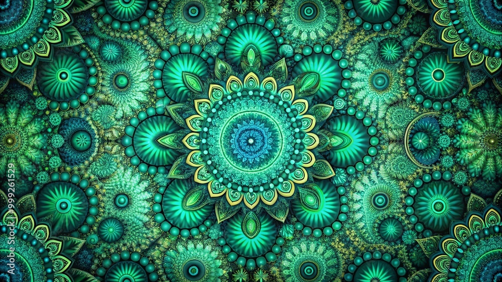 A mesmerizing digital art design with circular patterns and intricate details in shades of green and turquoise. A mesmerizing digital art design with circular patterns and intricate details in shades of green and turquoise.