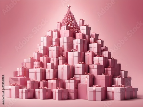 abstract pastel graphics Pink Christmas tree made from rows of cubic gift boxes. Concept holiday card