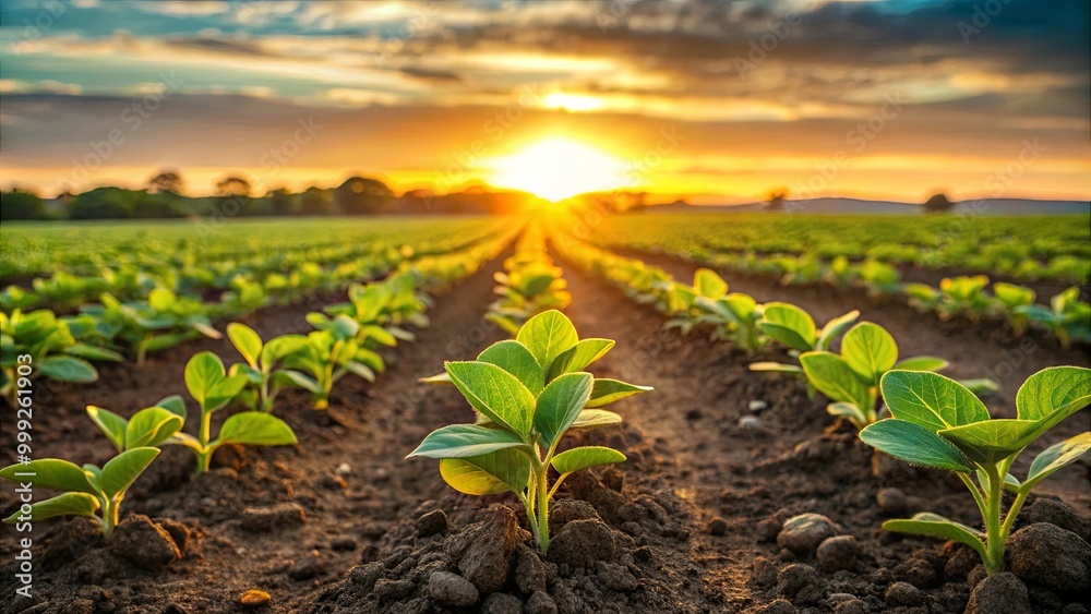 A Row of Young Green Plants Emerging from the Earth at Sunset, Bathed in Golden Light A Row of Young Green Plants Emerging from the Earth at Sunset, Bathed in Golden Light