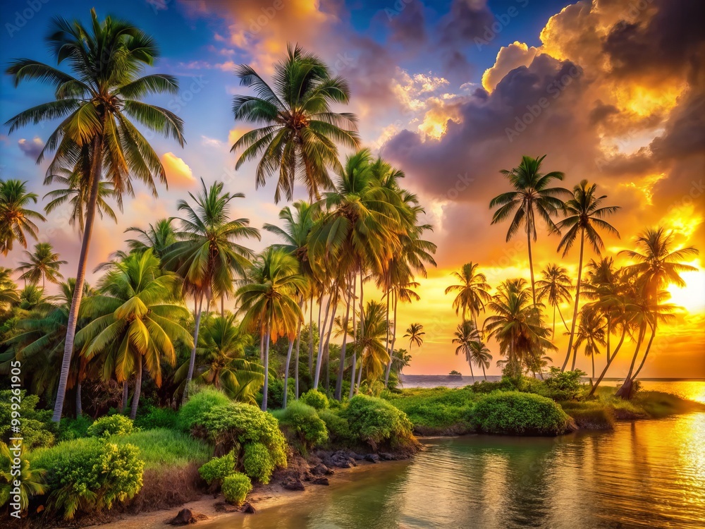 Obraz premium Golden Hour on Exotic Isle warm light illuminates the palm trees and lush greenery as the sky transitions from soft pink to radiant orange.