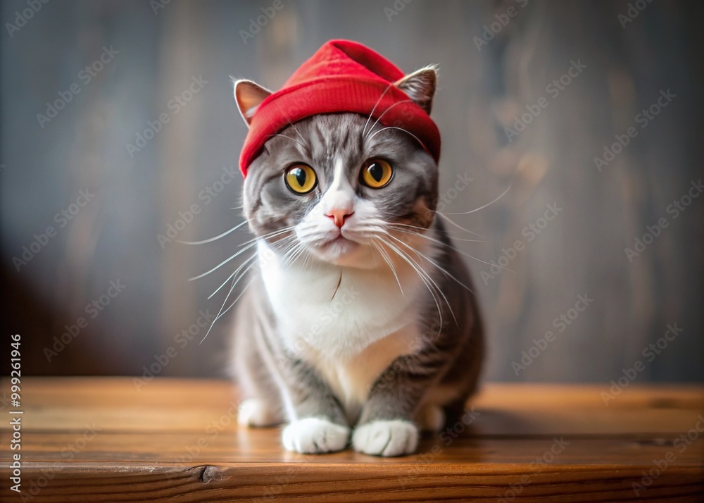 Naklejka premium Adorable grey and white cat sits on a wooden table, wearing a tiny red cap and looking directly at the camera with curious eyes.