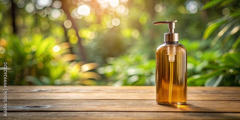 A Glass Bottle of Liquid Soap With Pump Dispenser on a Wooden Table With a Blurred Background of Green Foliage and Sunlight A Glass Bottle of Liquid Soap With Pump Dispenser on a Wooden Table With a Blurred Background of Green Foliage and Sunlight