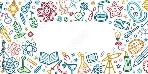A whimsical celebration of scientific exploration with colorful doodle illustrations of various scientific instruments, concepts, and elements.