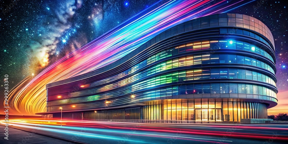 A Modern Building Lit by Neon Lights Under a Starry Sky with Streaks of Light from Passing Cars