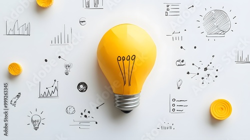 Yellow paper light bulb and business strategy on white background, Concept of new ideas creativity, innovation, Inspiration and solution. 