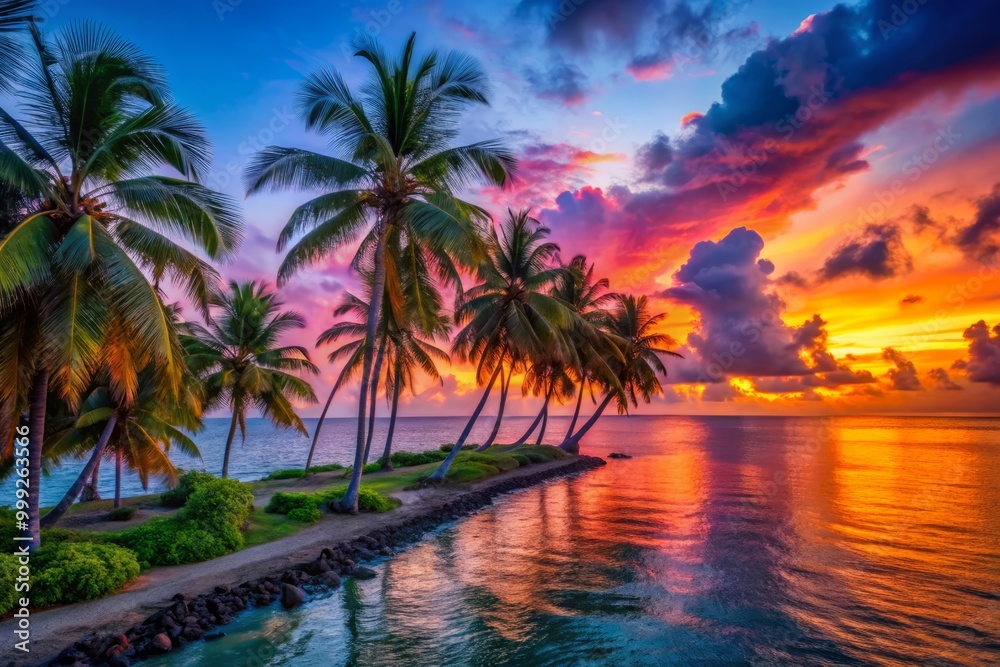 Vibrant hues of orange, pink, and purple dance across the sky, merging with the turquoise sea, while lush green palm trees sway gently in the breeze, creating a serene atmosphere. Vibrant hues of orange, pink, and purple dance across the sky, merging with the turquoise sea, while lush green palm trees sway gently in the breeze, creating a serene atmosphere.