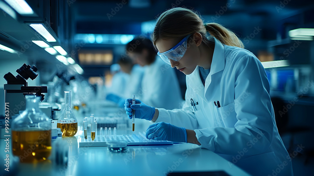 Lab Technician Carefully Working with Samples in Lab Lab Technician Carefully Working with Samples in Lab