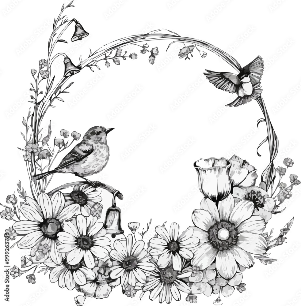 Obraz premium Contour vector floral frame with flowers and birds.Linear greeting card for greetings and printing on paper