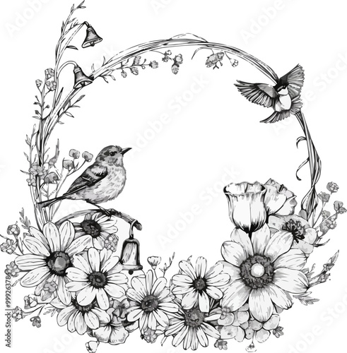 Contour vector floral frame with flowers and birds.Linear greeting card for greetings and printing on paper