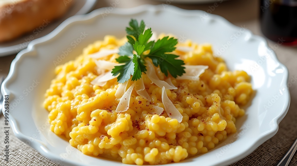 Creamy Italian Risotto alla Milanese with Saffron in a Traditional Style Creamy Italian Risotto alla Milanese with Saffron in a Traditional Style