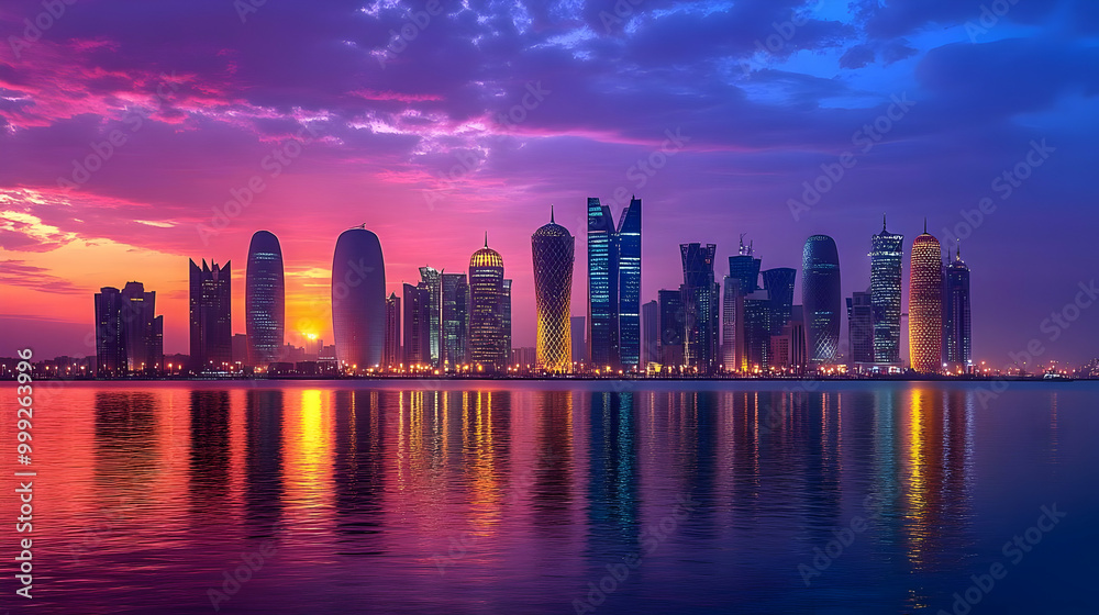 Fototapeta premium Cityscape Skyline with Stunning Sunset Reflection