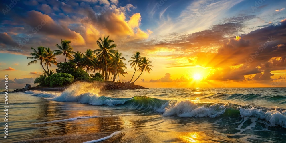 Tropical Island Sunrises Above Tranquil Waves Sparkling With Golden Light Tropical Island Sunrises Above Tranquil Waves Sparkling With Golden Light