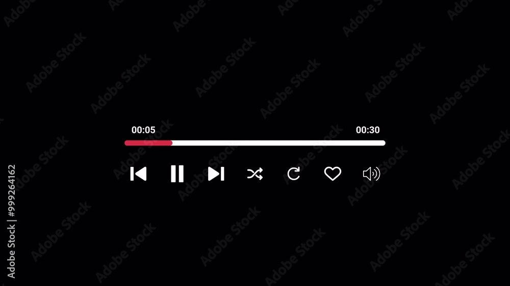 Audio music timeline bar moving with track on transparent background, Thirty seconds music video player multimedia concept, Video progress timeline bar