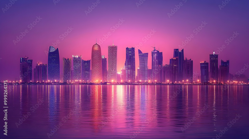 Fototapeta premium Cityscape Skyline with Reflections in Water at Dusk