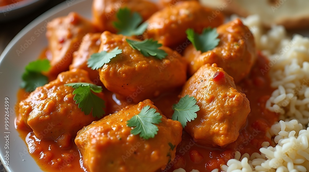 Indian Butter Chicken with Naan and Basmati Rice in a Traditional Setting Indian Butter Chicken with Naan and Basmati Rice in a Traditional Setting